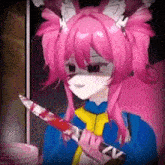 a pink anime girl is holding a bloody knife in her hand .