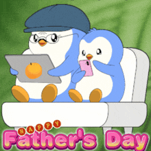 a father 's day card with two penguins sitting on a bench
