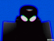 a silhouette of a person wearing a gas mask on a blue background with mosh written below it