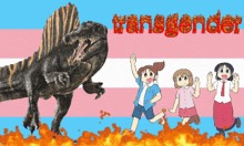 a cartoon of a dinosaur with the word transgender in red letters