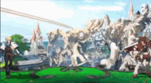 a video game character is standing in front of a statue of a lion .