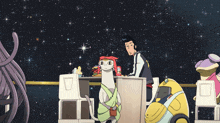 a man sits at a table with a hamburger on it while a cat looks on
