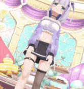 a girl in a purple top and black skirt is standing in a room