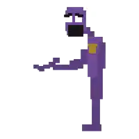 a pixel art of a purple man with a black face and a yellow badge on his chest .