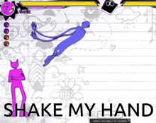 a cartoon character is flying in the air with the words shake my hand written below it .