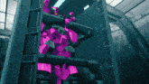 a purple robot is standing in a room with a blue wall