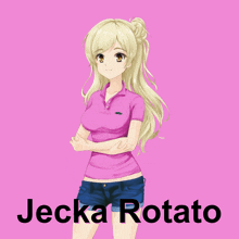 a girl in a pink shirt and blue shorts with the name jecka rotato on the bottom