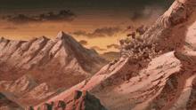 a painting of a mountain range with rocks falling off the cliff