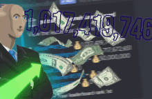 a man in a suit is holding a green arrow in front of a pile of money that says 1,017,439,746