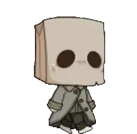 a cartoon character with a paper bag on his head and brown eyes .
