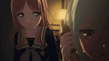 two anime girls are standing next to each other and one is talking on a phone