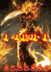 a painting of a demon with flames coming out of his body