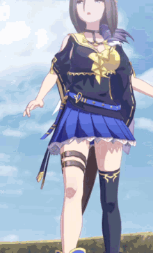 a girl in a blue skirt is standing in a field with a blue sky in the background
