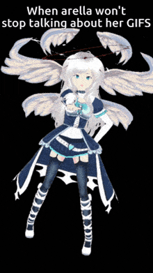 a picture of a girl with wings and the words when arella won t stop talking about her gifs