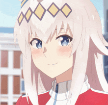 a girl with white hair and blue eyes is wearing a red shirt