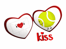 two hearts with a letter and a tennis ball on them and the word kiss below them