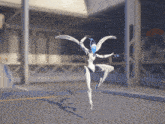 a white and blue robot is jumping in the air with its arms outstretched
