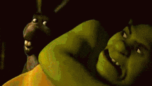 shrek is laying down with a donkey standing behind him