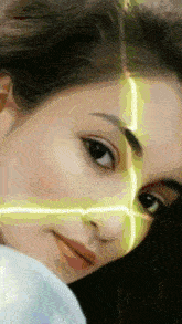 a close up of a woman 's face with a yellow line on her face