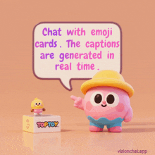 a toy with a speech bubble saying chat with emoji cards