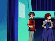 a boy and a girl are standing next to each other in an anime scene