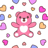 a pink teddy bear is surrounded by colorful hearts on a white background
