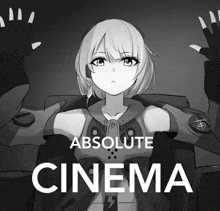 a black and white drawing of a girl with the words absolute cinema below her