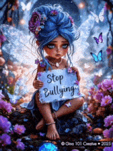 a little fairy with blue hair is holding a sign that says stop bullying