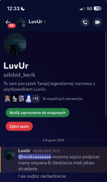 a phone screen shows a conversation with luvur