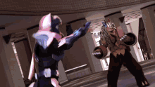 a man in a pink and blue costume is fighting a monster