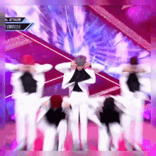 a group of people dancing on a stage with the words al stage on the bottom
