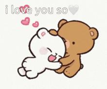 a couple of teddy bears sitting next to each other with the words `` i love you so '' .