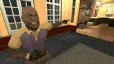 a man in a purple shirt that says fms is pointing at something