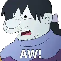 a cartoon character with a purple scarf around his neck says aw