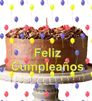 a chocolate cake with balloons and the words feliz cumpleanos