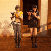 two girls are standing next to each other and one is wearing a yellow shirt and the other is wearing a black skirt