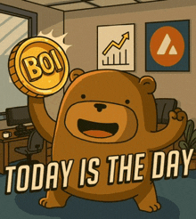 a cartoon of a bear holding a coin that says bol on it