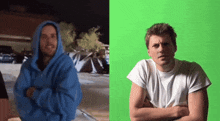 a man in a blue hoodie is next to a man in a white shirt