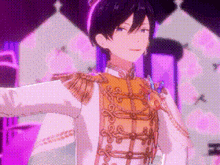 a cartoon character is standing in front of a purple background and wearing a white and gold outfit .