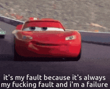 lightning mcqueen from cars is driving down a track