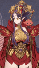 a girl with purple hair and horns is wearing a red outfit