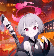a girl with white hair and red eyes is holding a sword in her hand .