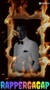 a picture of a man in a tuxedo is surrounded by flames and the caption rappergagap