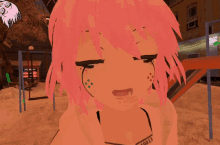 a girl with pink hair is wearing a shirt that says rabbits on it