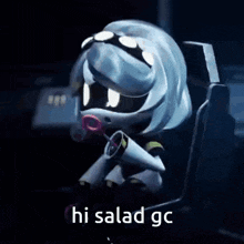 a cartoon character blowing soap bubbles with the words hi salad gc below it