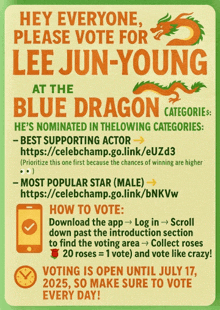 a poster encouraging people to vote for lee jun-young at the blue dragon