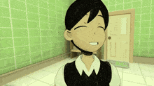 a cartoon boy is smiling in front of a green tiled wall