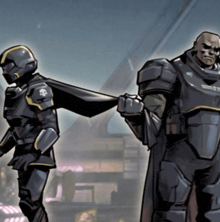 a cartoon drawing of two soldiers with one wearing a cape