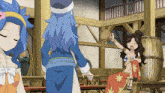 a girl with blue hair is standing next to a girl with brown hair