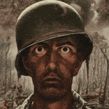 a painting of a soldier wearing a helmet and looking at the camera